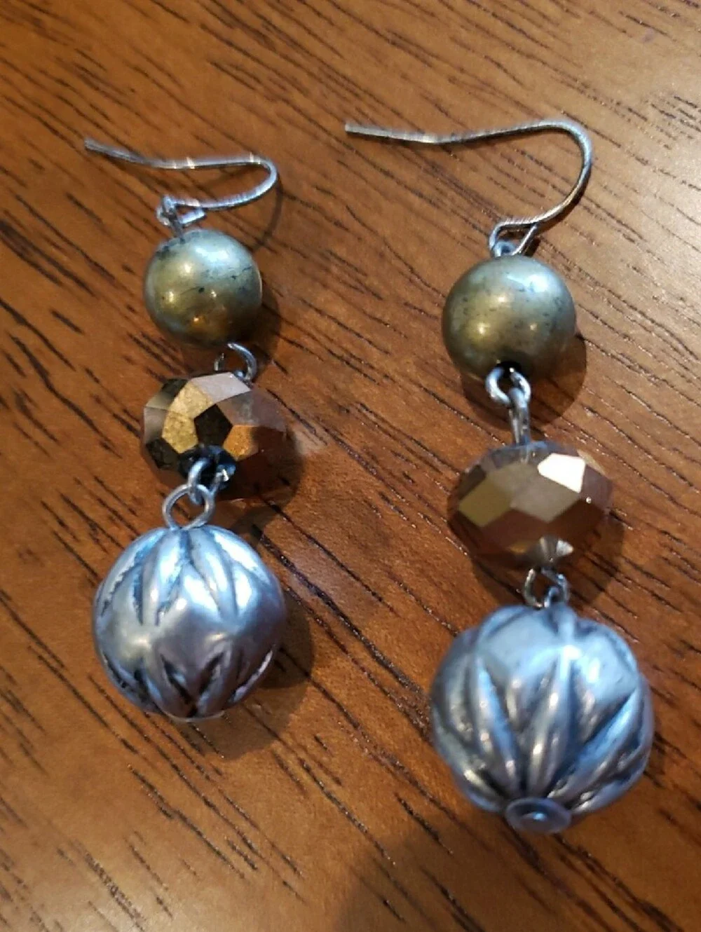 Metallic Silver & Bronze Drop Earrings Pierced